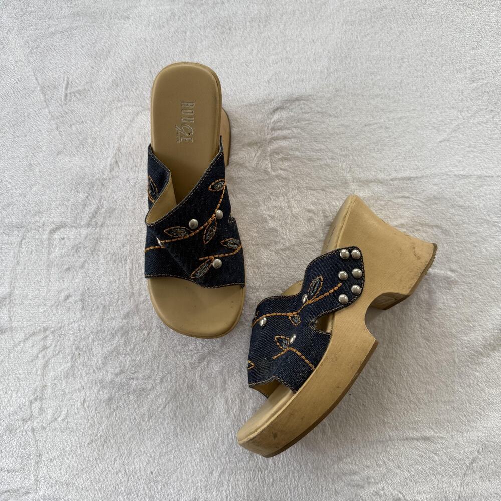 Rouge Sandals Womens Size 7 Blue Denim Wedge Slide Embroidered Studded Floral